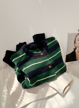 复古洋气绿色条纹圆领纽扣开衫毛衣女减龄文艺学生针织衫秋季新款