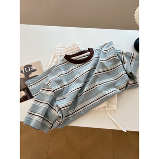 显白海盐蓝~复古领口撞色条纹短袖t恤女宽松显瘦内搭休闲上衣夏