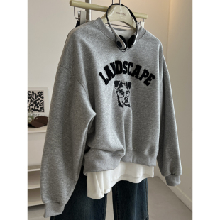 潮 新款 韩版 小狗刺绣字母圆领套头卫衣女宽松慵懒运动休闲外套春季