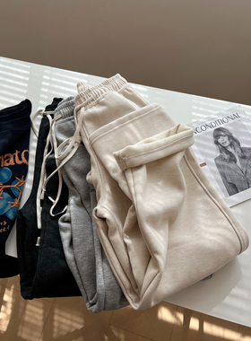 韩版简约灰色高腰运动裤女宽松chic时髦加绒加厚慵懒休闲裤学生冬