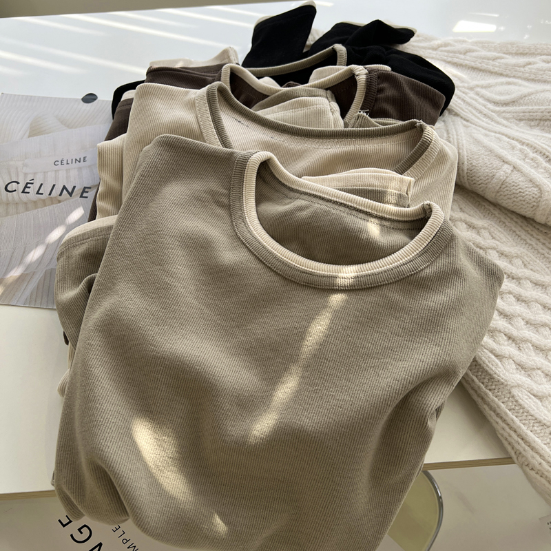 长袖韩版简约假两件弹力螺纹女t