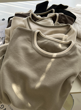 韩版简约假两件撞色拼接圆领长袖T恤打底衫女修身显瘦内搭上衣秋