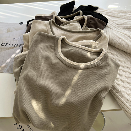 长袖韩版简约假两件弹力螺纹女t