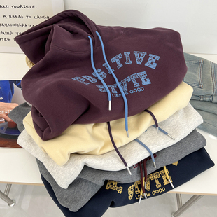 外套冬季 韩版 洋气小众字母设计感套头连帽卫衣女加绒加厚保暖帽衫