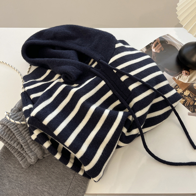 连帽日系复古宽松条纹毛衣针织衫