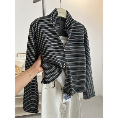 小众立领条纹开衫卫衣女文艺短款