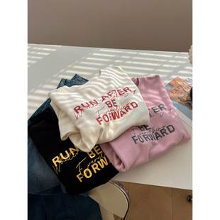 冬季 t恤女宽松亲肤内搭打底衫 加厚磨毛软糯字母印花圆领短袖 韩版