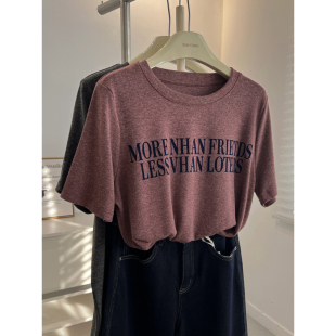 新款 春季 t恤女宽松打底衫 百搭复古雪花棉仿羊绒磨毛字母圆领短袖