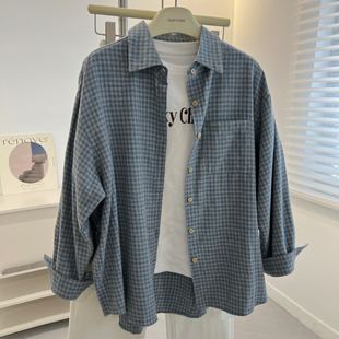 女宽松慵懒2025秋冬新款 衬衫 上衣薄外套 复古时髦蓝色格子长袖 韩版