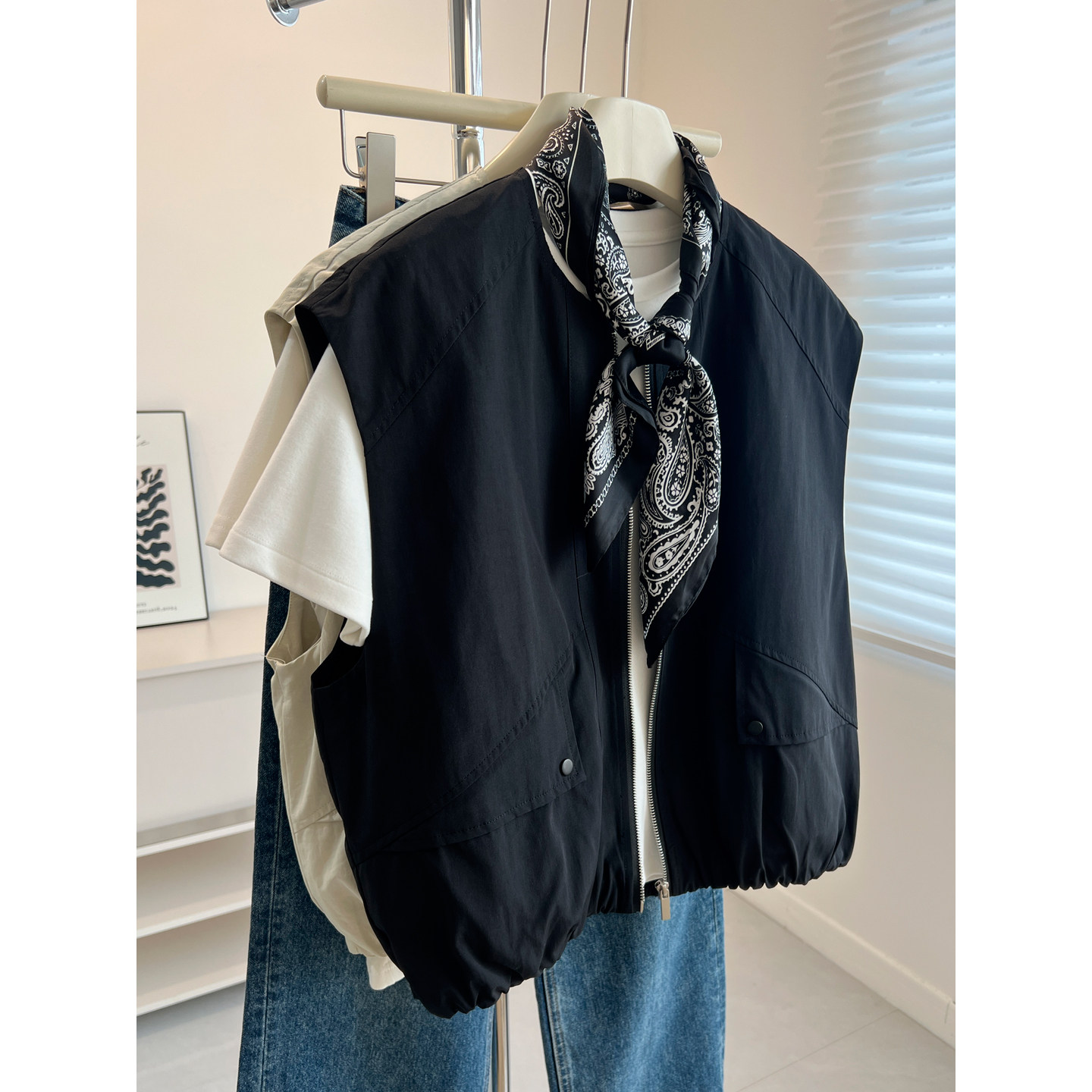 日系中性风开衫圆领拉链口袋工装马甲女宽松叠穿上衣春季新款学生