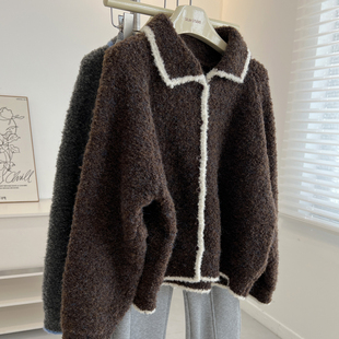 韩版复古镶边翻领开衫毛衣女宽松慵懒可爱减龄针织衫外套秋冬新款