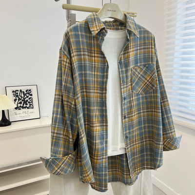 宽松慵懒韩版时髦单排扣长袖衬衫