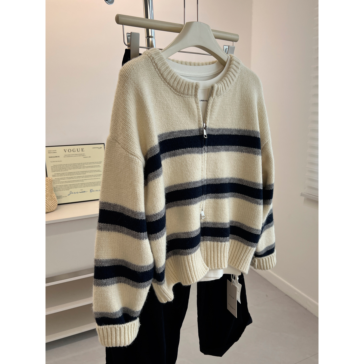 百搭条纹圆领拉链开衫毛衣外套女