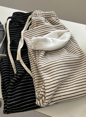 韩版时髦复古chic百搭高腰条纹休闲裤女宽松慵懒垂感阔腿裤冬季潮