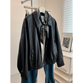 潮 新款 韩版 气质复古翻领皮衣女宽松慵懒显瘦洋气减龄夹克外套春季