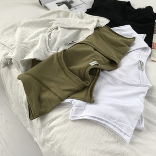 巨显白橄榄绿 显瘦基础上衣tee 棉质短袖 V领T恤女双层卷边百搭修身