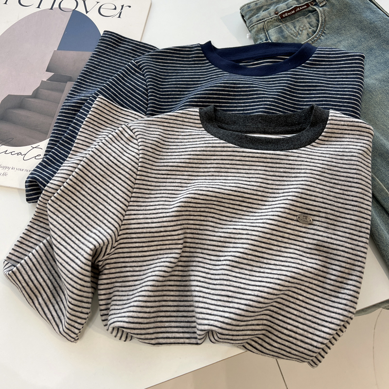 长袖韩版条纹棉质女t恤打底简约