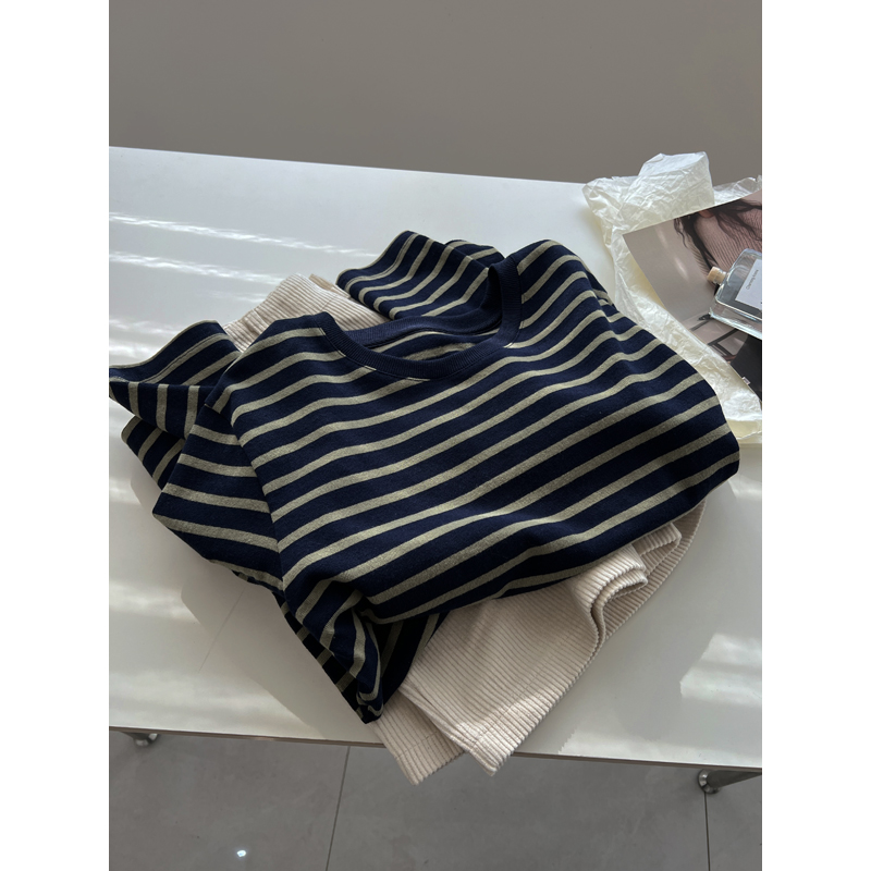 长袖韩版复古条纹纯棉女t恤上衣