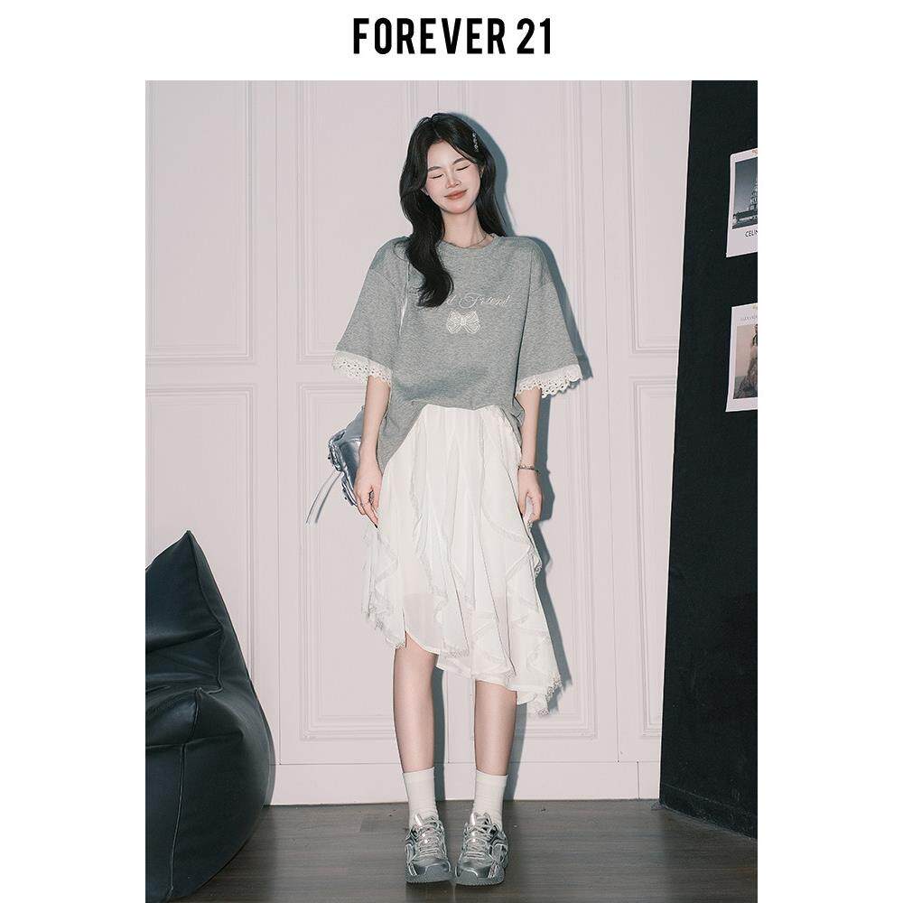Forever21夏季独特的a字不规则裙女士白色高腰度假风格蕾丝蛋糕裙