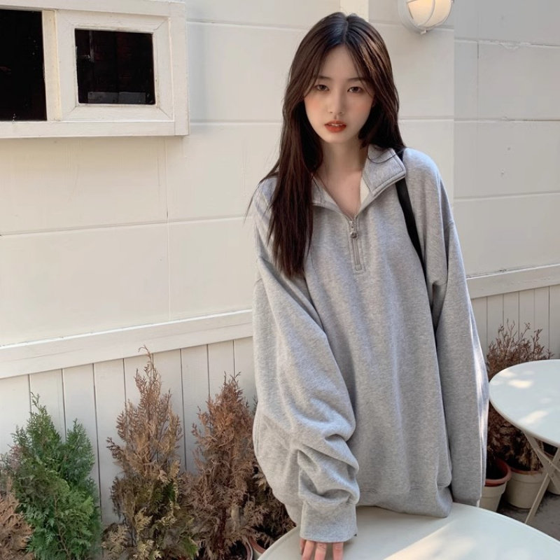 港风polo领半拉链卫衣女春秋薄款宽松慵懒风美式复古纯色早秋上衣