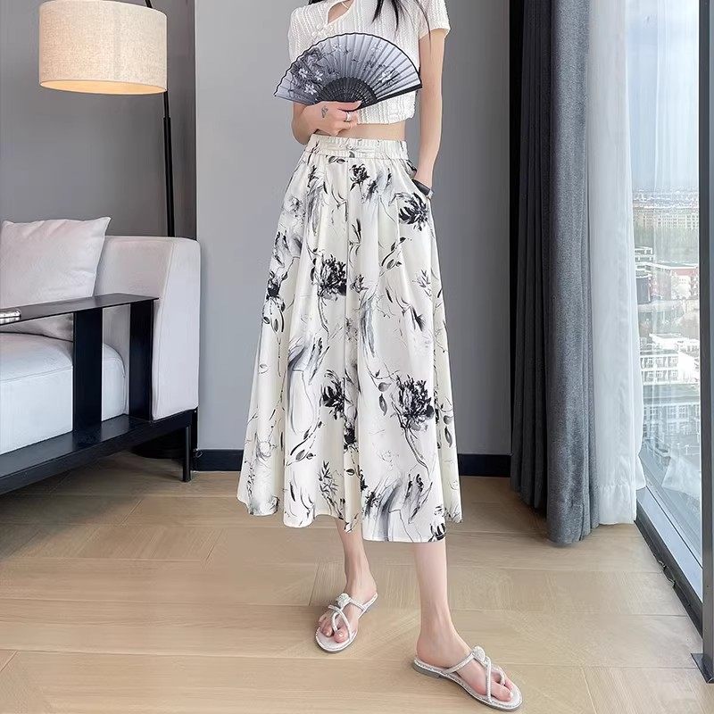 冰丝裙裤女高腰夏薄印花宽松休闲垂感显瘦小个子七八分防晒阔腿裤