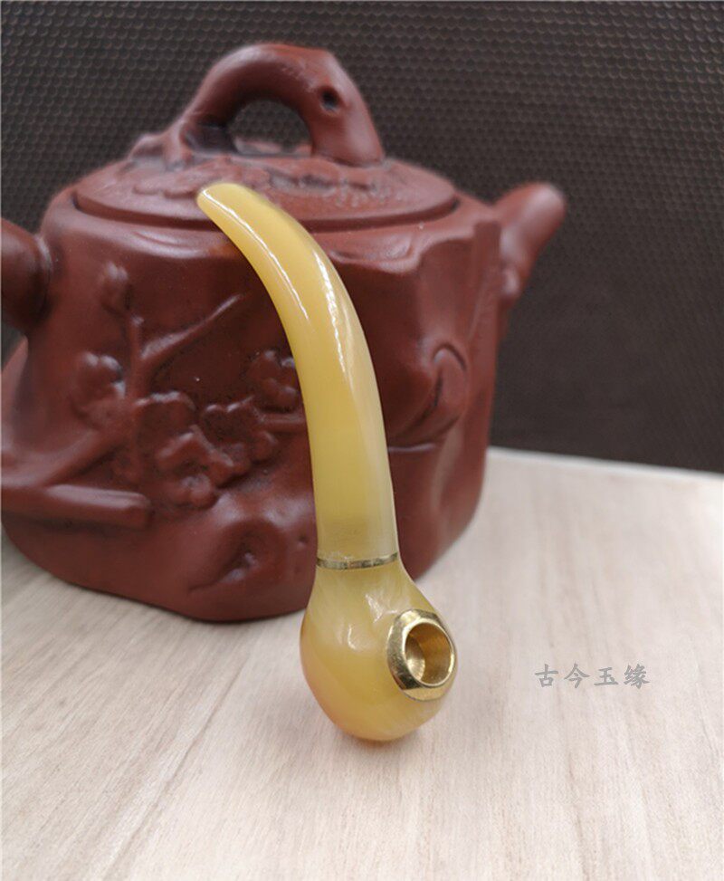 高档黄牛角烟嘴男人父亲生日礼物镀铜过滤烟斗烟嘴两用玉石旱烟斗
