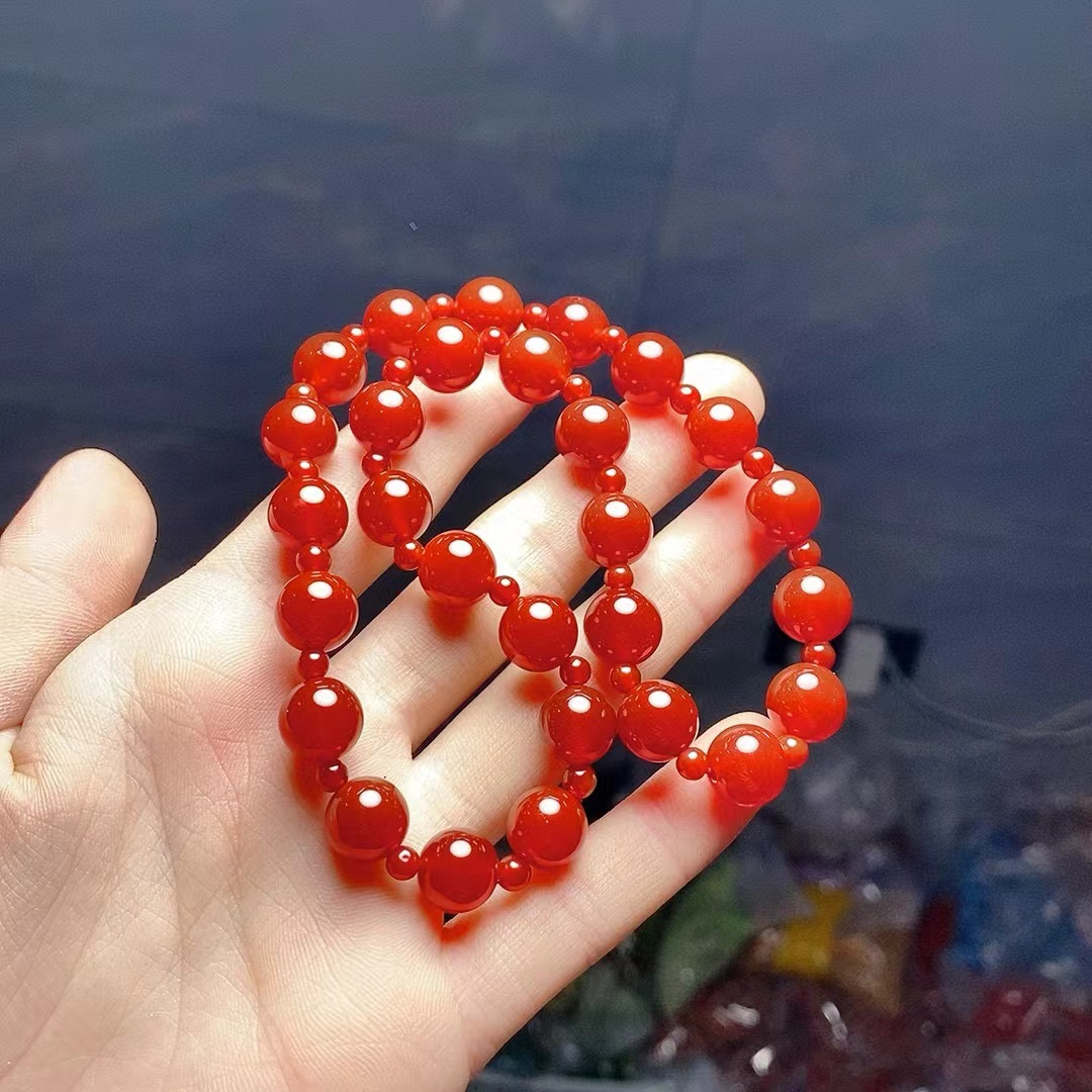 天然南红玛瑙圆珠项链女款本命年红色锁骨链颈链毛衣链双圈手串链