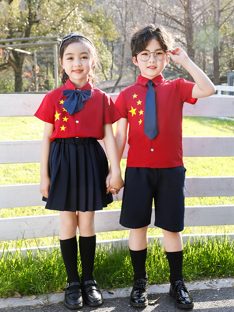 男女儿童中小学生合唱夏季演出服红色短袖学院风套装朗诵表演班服