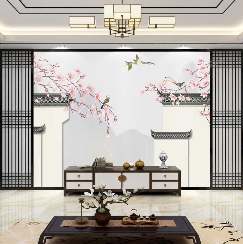 新中式徽派建筑花鸟壁画墙纸电视背景墙壁纸客厅沙发8d墙布装饰影