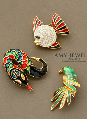 中古可爱珐琅满钻鹦鹉小丑鱼小花蛇胸针 | Amy Vintage古董首饰