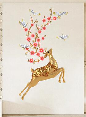 北欧风金色招财鹿玄关墙贴装饰画