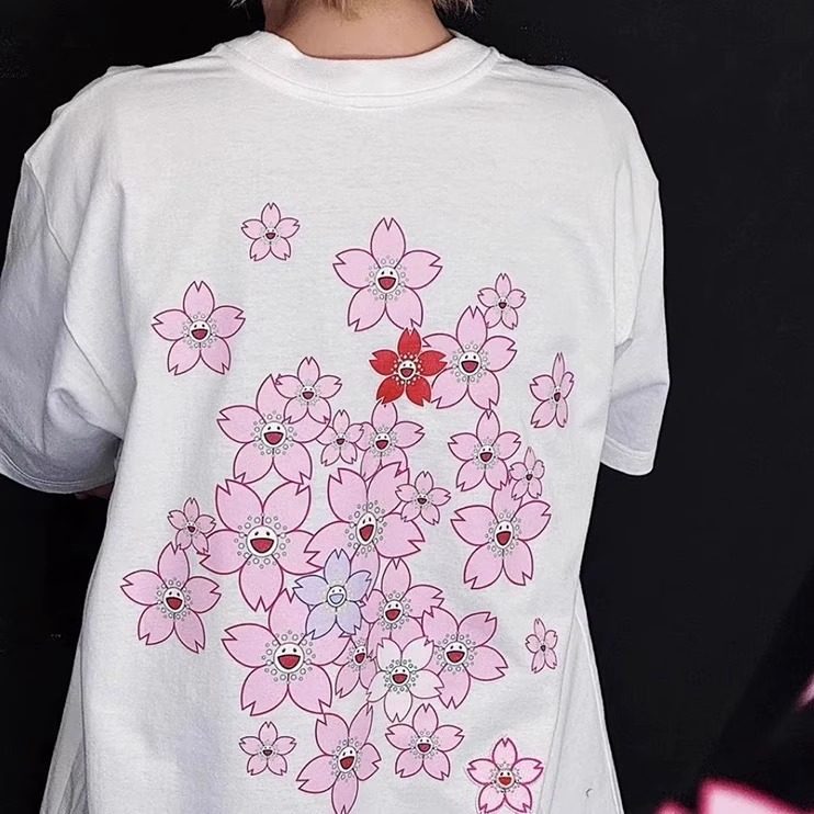 2025SS夏季新款日系潮流樱花纯棉情侣圆领短袖休闲男女同款T恤ins