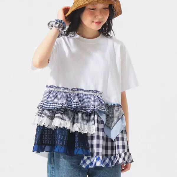 beams日系格子荷叶边短袖T恤女