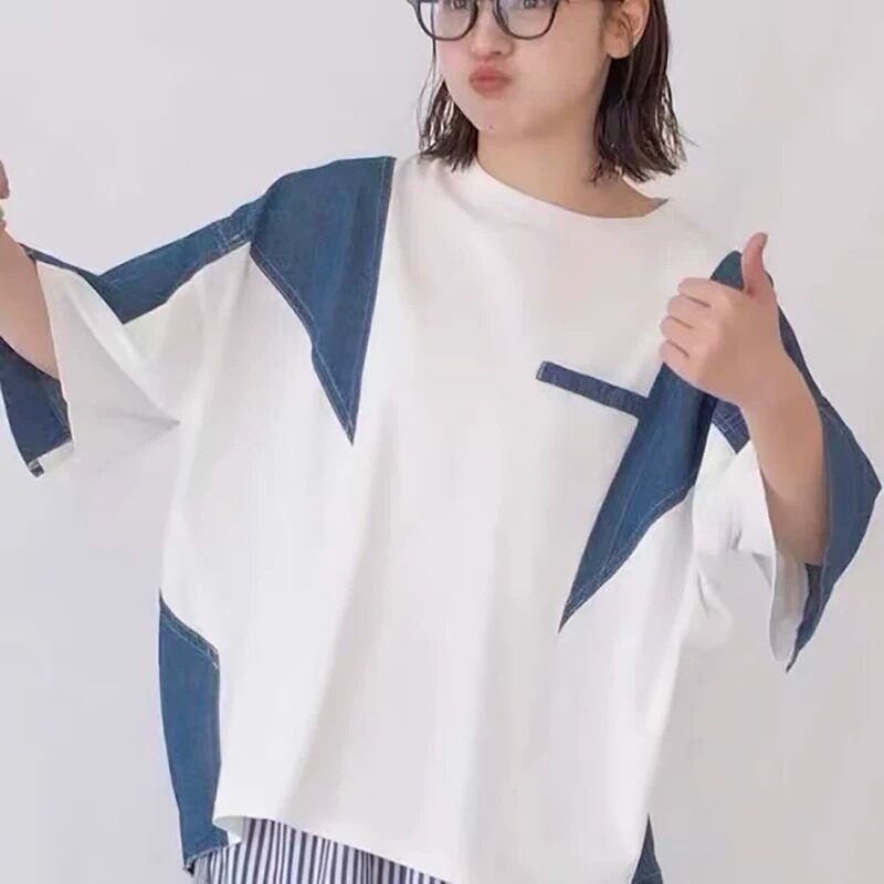 日系休闲牛仔拼接宽松短袖T恤女