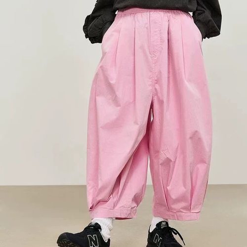 日系新款niko甜美纯色松紧腰系带阔腿气球裤高腰纯棉灯笼裤南瓜裤