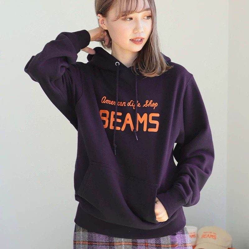 25SS春季新款日系beams经典字母印花情侣长袖连帽卫衣男女帽衫ins