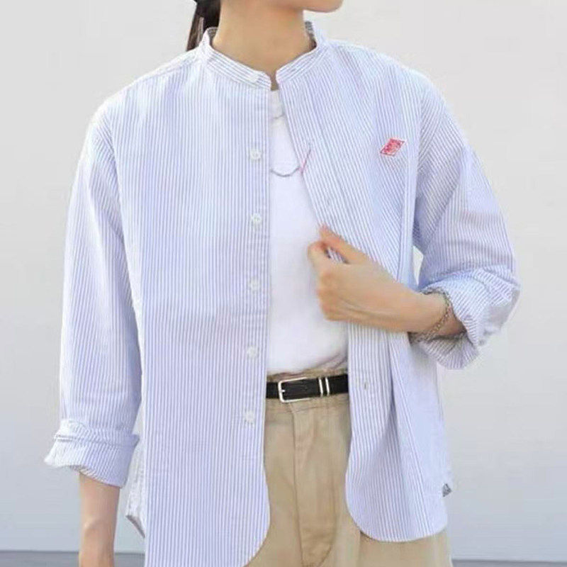 日系danton小立领纯棉长袖衬衫女