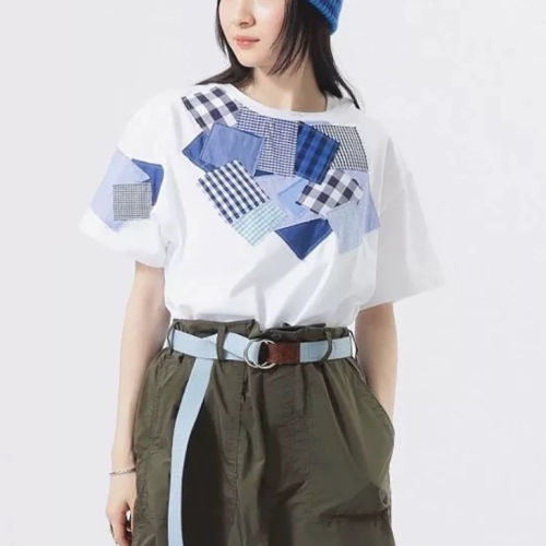 beams纯棉格纹贴布短袖T恤女