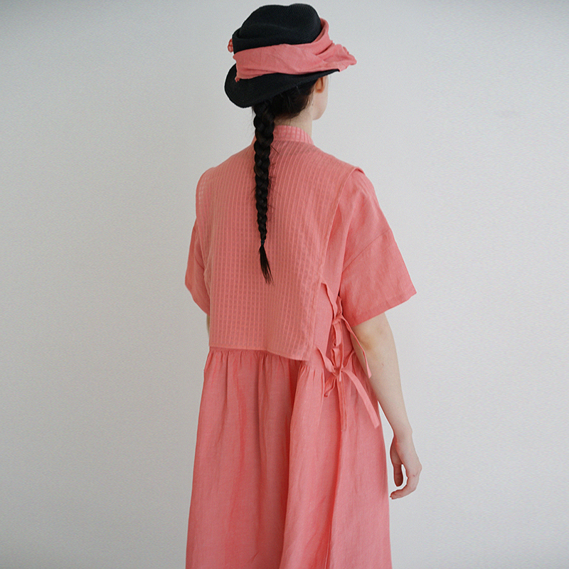 桑蚕丝蝴蝶结系带粉格纹背心