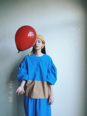 棉麻棕蓝拼色圆领宽松衬衫