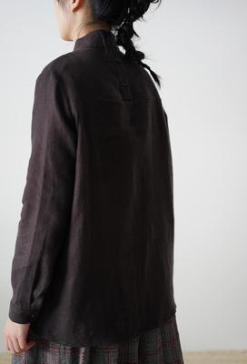 合肩套头小高领长袖磨毛亚麻上衣