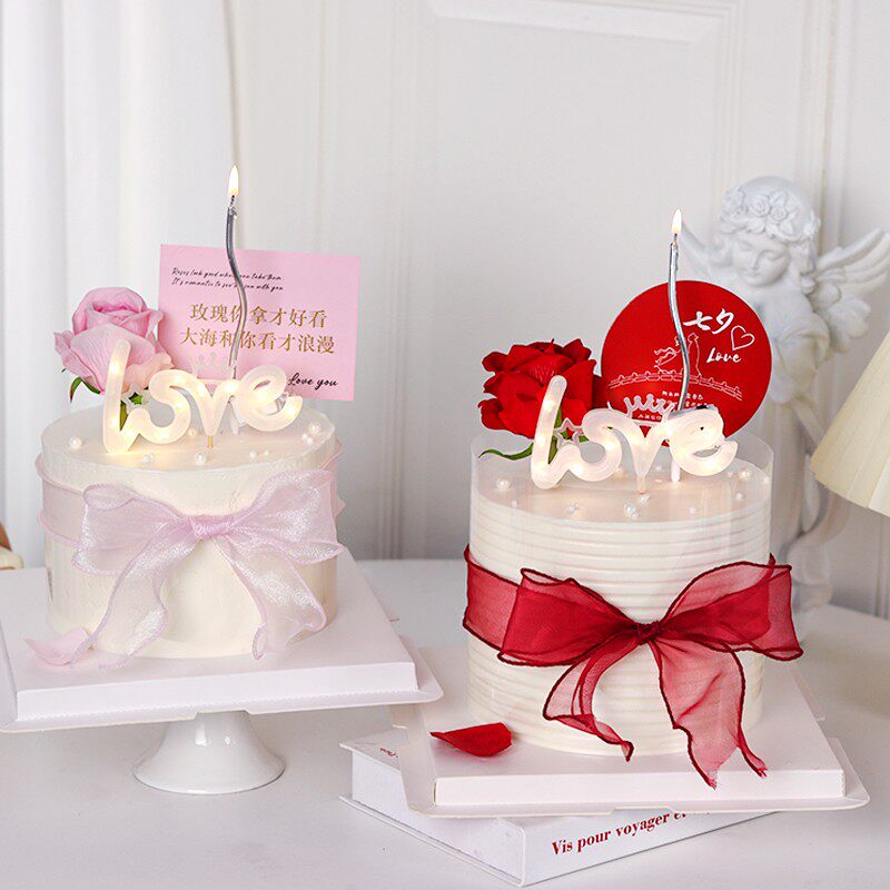 网红玫瑰花情人节蛋糕装饰烘焙插件情侣告白love摆件爱心圆牌插牌
