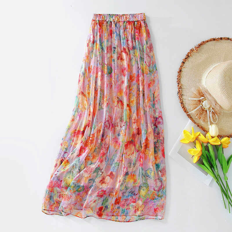 桑蚕丝真丝半身裙高端复古印花顺垂飘逸中长款夏季A字仙女裙 超仙