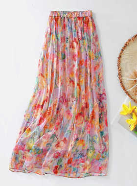 桑蚕丝真丝半身裙高端复古印花顺垂飘逸中长款夏季A字仙女裙 超仙