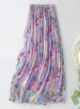 真丝半身裙减龄碎花气质2025新款夏季垂坠感海边超仙飘逸大摆长裙