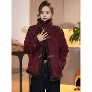 皮毛一体羊羔绒外套女秋冬2024新款美拉德机车服夹克加绒加厚大衣