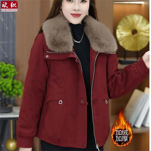 加绒加厚短款外套女冬季新款洋气保暖派克服可拆卸大毛领夹克上衣