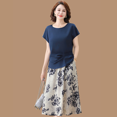 年轻时尚妈妈夏装套装连衣裙中老年女夏季洋气两件套T恤短袖裙子