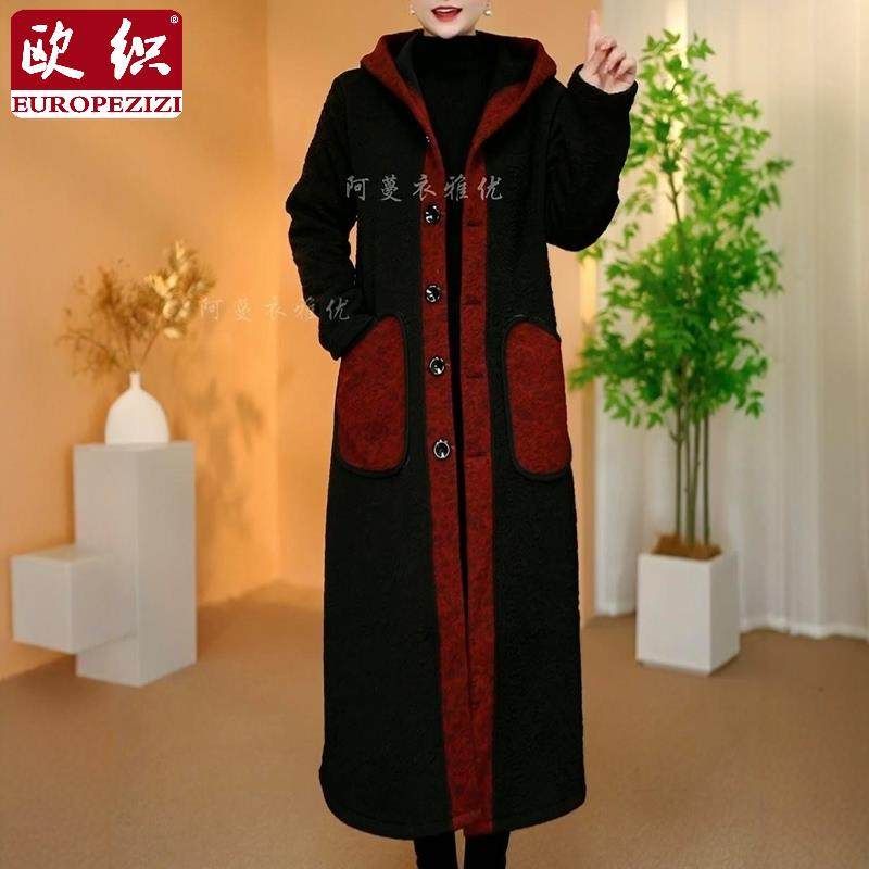 新款加绒加厚长款连帽风衣外套F宽松显瘦时尚百搭大衣保暖妈妈装