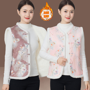 中式国风加绒棉衣马甲女洋派妈妈冬装加肥加大码坎肩保暖背心马夹